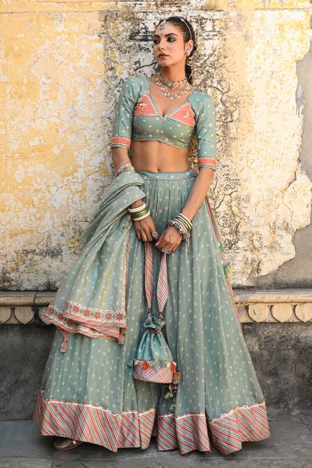 Baise Gaba_Green Chiffon, Muslin, Chanderi Embroidery V-neck Bandhej Print Lehenga Set _at_Aza_Fashions