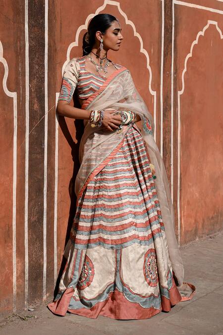 Buy Baise Gaba Multi Color Organza Tassels, Mirrors, Embroidery Square Neck Gota Lehenga Set Buy_Baise Gaba_Multi Color Organza Tassels, Mirrors, Embroidery Square Neck Gota Lehenga Set