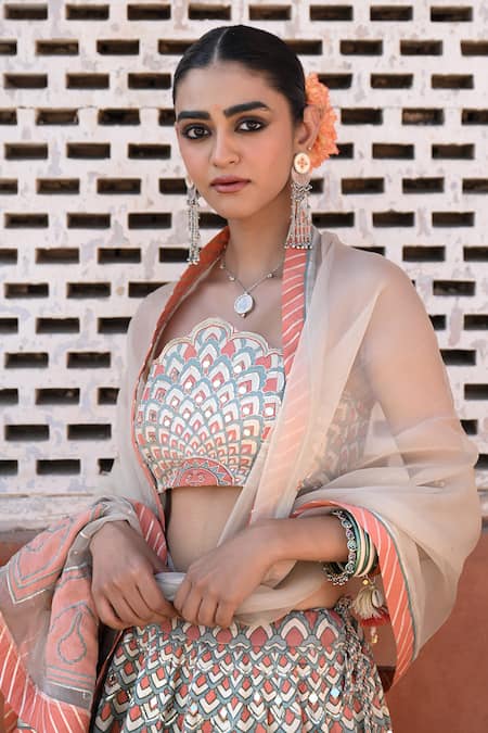 Baise Gaba Cream Organza Embroidery Square Neck Peacock Print Lehenga Set Online at Aza Fashions Baise Gaba_Cream Organza Embroidery Square Neck Peacock Print Lehenga Set _Online_at_Aza_Fashions