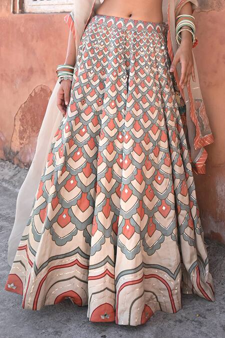 Buy Baise Gaba Cream Organza Embroidery Square Neck Peacock Print Lehenga Set Online at Aza Fashions Buy_Baise Gaba_Cream Organza Embroidery Square Neck Peacock Print Lehenga Set _Online_at_Aza_Fashions