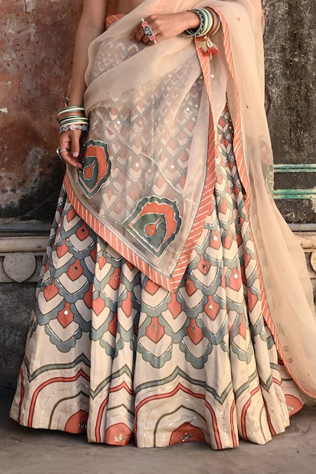 Baise Gaba_Cream Linen, Satin, Silk, Organza Sequins Square Neck Pagoda Print Lehenga Set _Online_at_Aza_Fashions