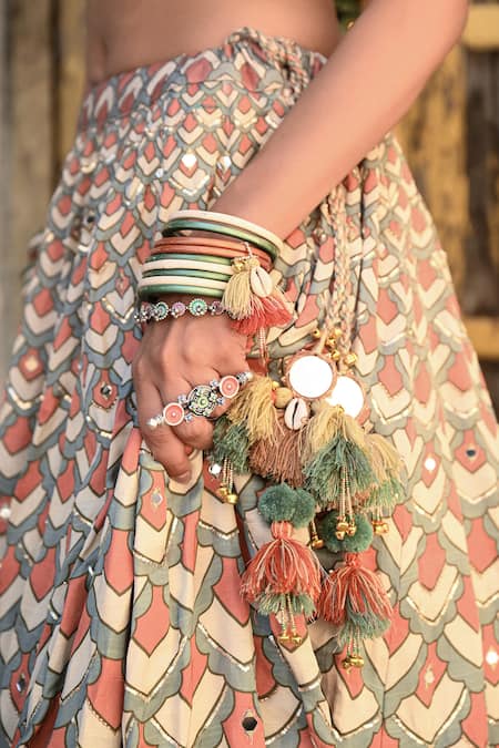 Baise Gaba_Cream Linen, Satin, Silk, Organza Sequins Square Neck Pagoda Print Lehenga Set _at_Aza_Fashions