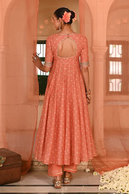 Shop Baise Gaba Orange Chanderi, Muslin Zari, Gota Patti, Embroidery Bandhej Print Anarkali Set at Aza Fashions Shop_Baise Gaba_Orange Chanderi, Muslin Zari, Gota Patti, Embroidery Bandhej Print Anarkali Set _at_Aza_Fashions