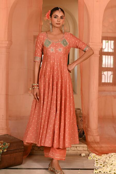 Baise Gaba Orange Chanderi, Muslin Zari, Gota Patti, Embroidery Bandhej Print Anarkali Set Online at Aza Fashions Baise Gaba_Orange Chanderi, Muslin Zari, Gota Patti, Embroidery Bandhej Print Anarkali Set _Online_at_Aza_Fashions