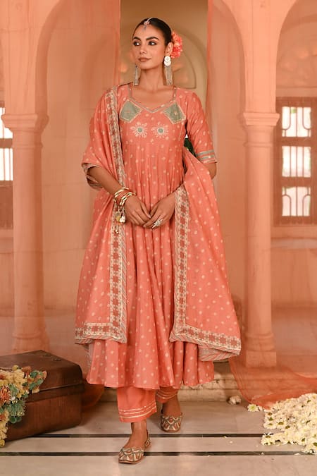 Buy Baise Gaba Orange Chanderi, Muslin Zari, Gota Patti, Embroidery Bandhej Print Anarkali Set Online at Aza Fashions Buy_Baise Gaba_Orange Chanderi, Muslin Zari, Gota Patti, Embroidery Bandhej Print Anarkali Set _Online_at_Aza_Fashions