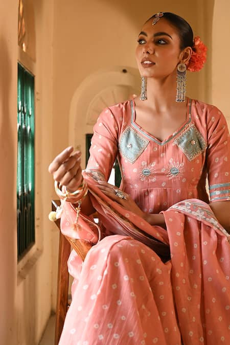 Baise Gaba Orange Chanderi, Muslin Zari, Gota Patti, Embroidery Bandhej Print Anarkali Set at Aza Fashions Baise Gaba_Orange Chanderi, Muslin Zari, Gota Patti, Embroidery Bandhej Print Anarkali Set _at_Aza_Fashions