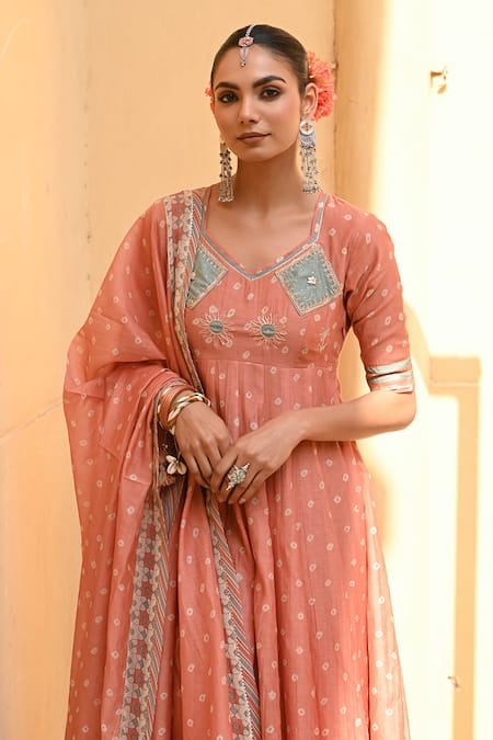 Buy Baise Gaba Orange Chanderi, Muslin Zari, Gota Patti, Embroidery Bandhej Print Anarkali Set Buy_Baise Gaba_Orange Chanderi, Muslin Zari, Gota Patti, Embroidery Bandhej Print Anarkali Set