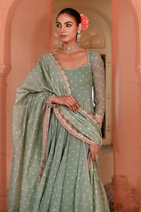 Baise Gaba_Green Chiffon, Muslin, Chanderi Beads, Sequins Square Bandhej Print Anarkali Set _Online_at_Aza_Fashions