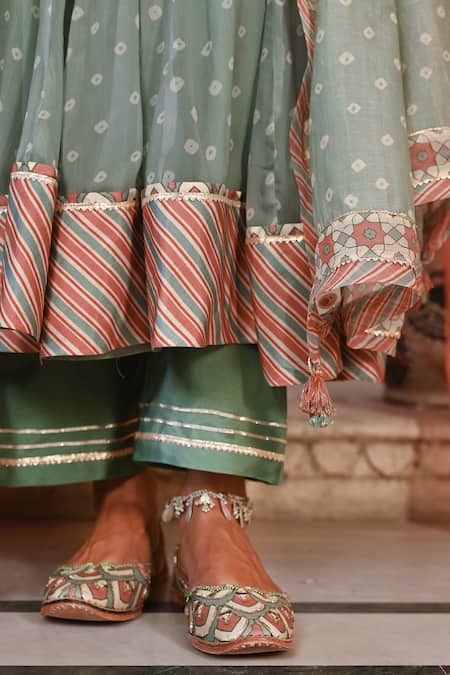 Shop_Baise Gaba_Green Chiffon, Muslin, Chanderi Beads, Sequins Square Bandhej Print Anarkali Set _Online_at_Aza_Fashions