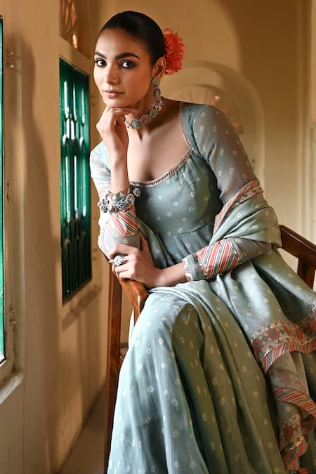 Buy_Baise Gaba_Green Chiffon, Muslin, Chanderi Beads, Sequins Square Bandhej Print Anarkali Set 