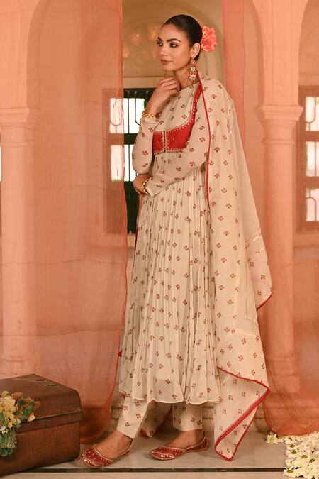 Baise Gaba_Beige Chiffon, Muslin, Chanderi Embroidery, Floral Print Anarkali Set With Koti _Online_at_Aza_Fashions