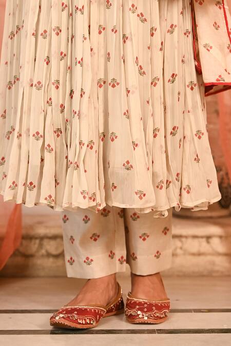 Shop_Baise Gaba_Beige Chiffon, Muslin, Chanderi Embroidery, Floral Print Anarkali Set With Koti _Online_at_Aza_Fashions