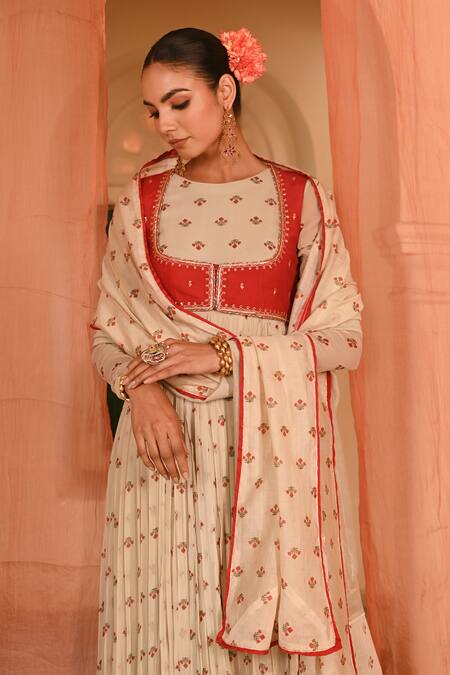 Baise Gaba_Beige Chiffon, Muslin, Chanderi Embroidery, Floral Print Anarkali Set With Koti _at_Aza_Fashions