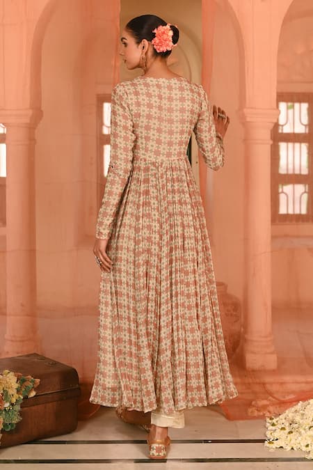 Shop Baise Gaba Cream Organza, Chiffon, Muslin Embroidery Scoop Mughal Tile Print Anarkali Set at Aza Fashions Shop_Baise Gaba_Cream Organza, Chiffon, Muslin Embroidery Scoop Mughal Tile Print Anarkali Set _at_Aza_Fashions