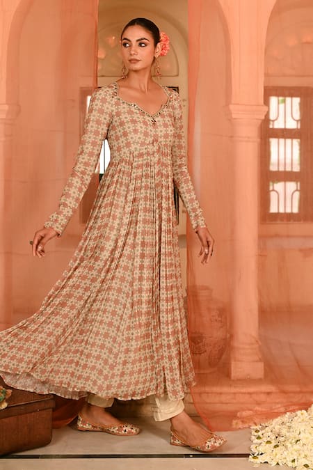 Buy Baise Gaba Cream Organza, Chiffon, Muslin Embroidery Scoop Mughal Tile Print Anarkali Set Online at Aza Fashions Buy_Baise Gaba_Cream Organza, Chiffon, Muslin Embroidery Scoop Mughal Tile Print Anarkali Set _Online_at_Aza_Fashions