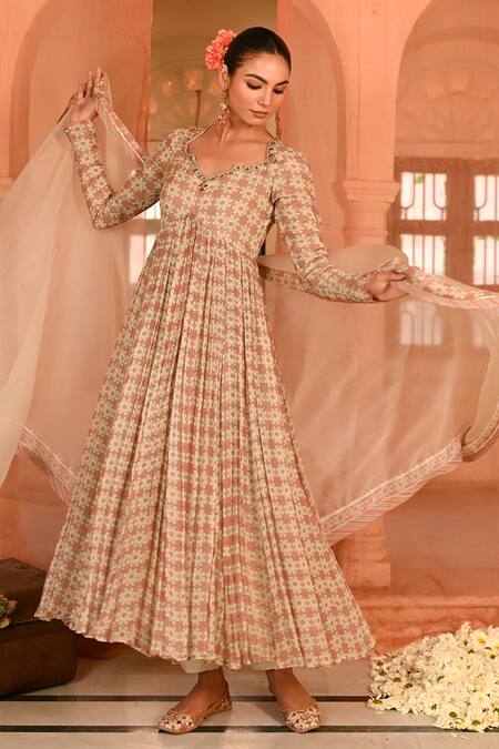 Shop Baise Gaba Cream Organza, Chiffon, Muslin Embroidery Scoop Mughal Tile Print Anarkali Set Online at Aza Fashions Shop_Baise Gaba_Cream Organza, Chiffon, Muslin Embroidery Scoop Mughal Tile Print Anarkali Set _Online_at_Aza_Fashions