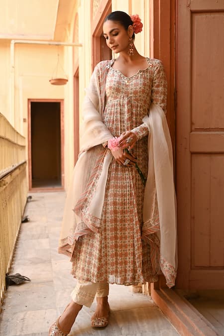 Baise Gaba Cream Organza, Chiffon, Muslin Embroidery Scoop Mughal Tile Print Anarkali Set at Aza Fashions Baise Gaba_Cream Organza, Chiffon, Muslin Embroidery Scoop Mughal Tile Print Anarkali Set _at_Aza_Fashions