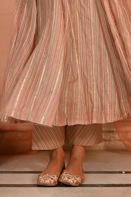 Baise Gaba_Multi Color Chanderi Embroidery V-neck Chandbagh Stripes Print Angarkha Set _Online_at_Aza_Fashions