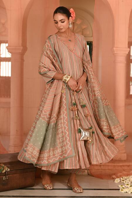 Buy_Baise Gaba_Multi Color Chanderi Embroidery V-neck Chandbagh Stripes Print Angarkha Set _Online_at_Aza_Fashions