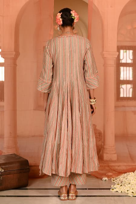 Shop_Baise Gaba_Multi Color Chanderi Embroidery V-neck Chandbagh Stripes Print Angarkha Set _at_Aza_Fashions