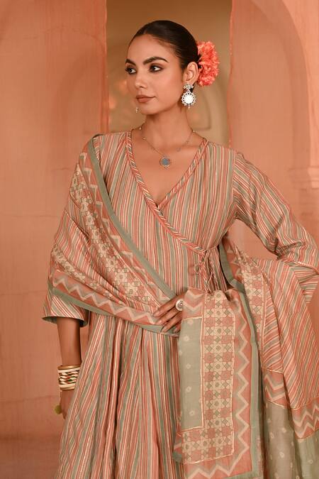 Baise Gaba_Multi Color Chanderi Embroidery V-neck Chandbagh Stripes Print Angarkha Set _at_Aza_Fashions