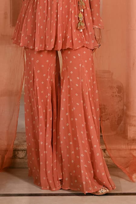 Baise Gaba_Orange Chiffon Tassels Round Neck Surajpole Peplum Top And Gharara Set _Online_at_Aza_Fashions