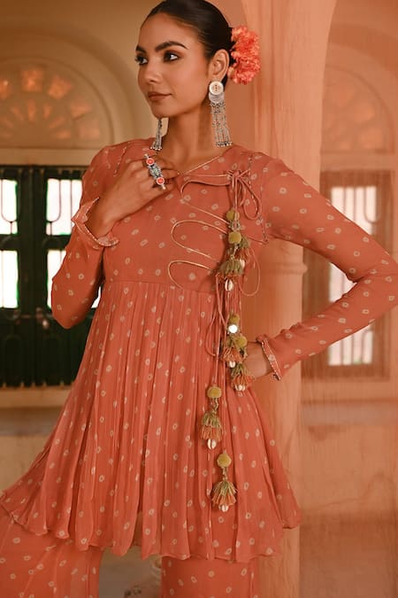 Shop_Baise Gaba_Orange Chiffon Tassels Round Neck Surajpole Peplum Top And Gharara Set _Online_at_Aza_Fashions