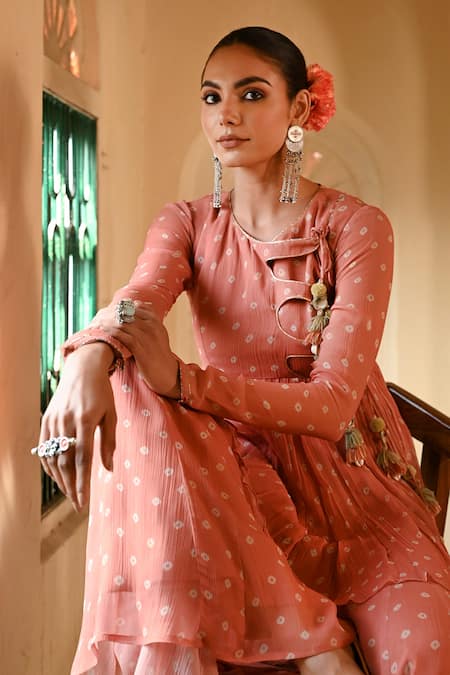 Baise Gaba_Orange Chiffon Tassels Round Neck Surajpole Peplum Top And Gharara Set _at_Aza_Fashions