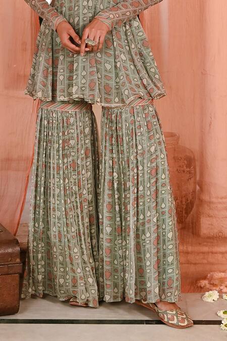 Shop_Baise Gaba_Green Chiffon Gota Patti V-neck Mughal Print Peplum Top And Gharara Set _Online_at_Aza_Fashions