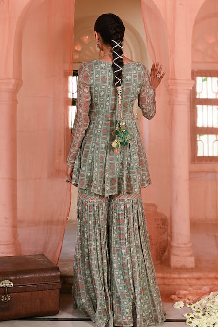 Baise Gaba Mughal Print Peplum Top & Gharara Set 