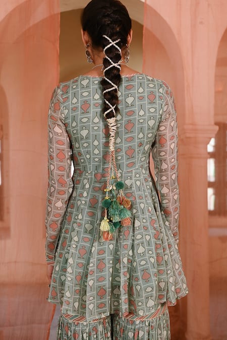 Baise Gaba_Green Chiffon Gota Patti V-neck Mughal Print Peplum Top And Gharara Set _at_Aza_Fashions
