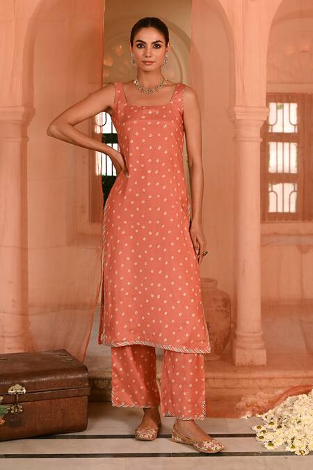 Shop_Baise Gaba_Orange Embroidery Square Neck Bandhej Print Kurta Set _Online_at_Aza_Fashions