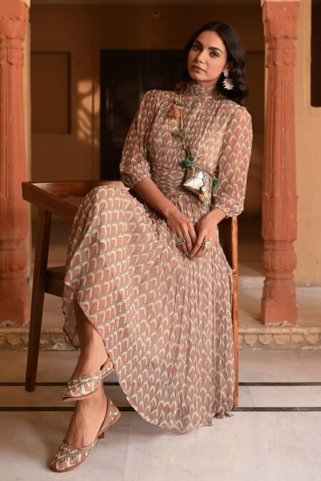 Buy_Baise Gaba_Multi Color Chiffon Turtle Neck Peacock Feather Print Midi Dress _Online_at_Aza_Fashions