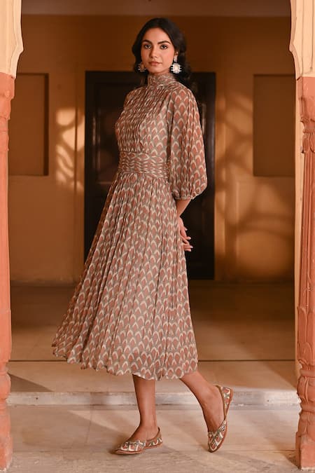 Shop_Baise Gaba_Multi Color Chiffon Turtle Neck Peacock Feather Print Midi Dress _Online_at_Aza_Fashions