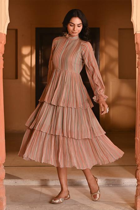 Baise Gaba Multi Color Chiffon Turtle Neck Gaurani Stripes Print Tiered Dress Online at Aza Fashions Baise Gaba_Multi Color Chiffon Turtle Neck Gaurani Stripes Print Tiered Dress _Online_at_Aza_Fashions