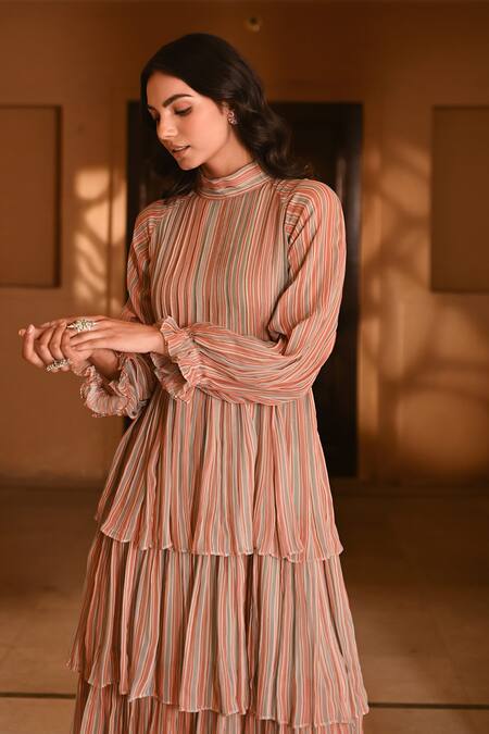 Buy Baise Gaba Multi Color Chiffon Turtle Neck Gaurani Stripes Print Tiered Dress Online at Aza Fashions Buy_Baise Gaba_Multi Color Chiffon Turtle Neck Gaurani Stripes Print Tiered Dress _Online_at_Aza_Fashions