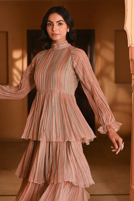 Shop Baise Gaba Multi Color Chiffon Turtle Neck Gaurani Stripes Print Tiered Dress Online at Aza Fashions Shop_Baise Gaba_Multi Color Chiffon Turtle Neck Gaurani Stripes Print Tiered Dress _Online_at_Aza_Fashions