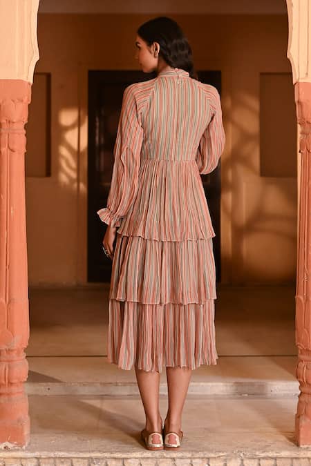Shop Baise Gaba Multi Color Chiffon Turtle Neck Gaurani Stripes Print Tiered Dress at Aza Fashions Shop_Baise Gaba_Multi Color Chiffon Turtle Neck Gaurani Stripes Print Tiered Dress _at_Aza_Fashions