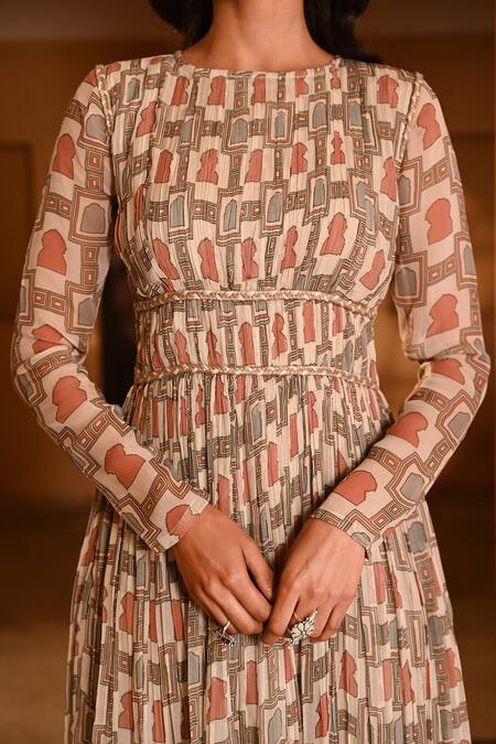 Baise Gaba Multi Color Chiffon Round Neck Mughal Motifs Printed Dress at Aza Fashions Baise Gaba_Multi Color Chiffon Round Neck Mughal Motifs Printed Dress _at_Aza_Fashions