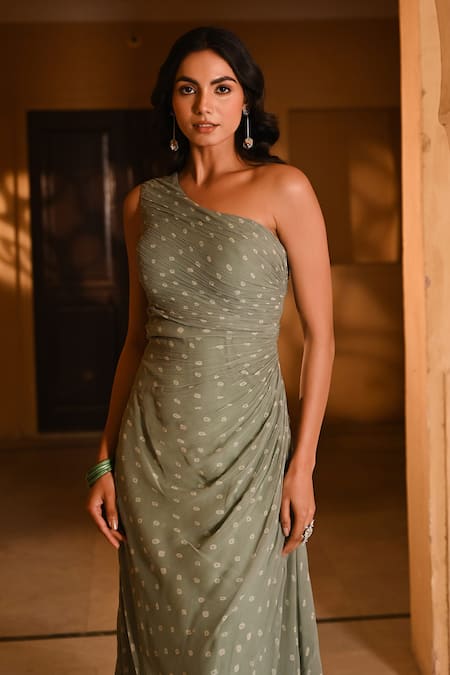 Baise Gaba_Green Chiffon Asymmetric Bandhani Printed Ruched Maxi Dress _Online_at_Aza_Fashions