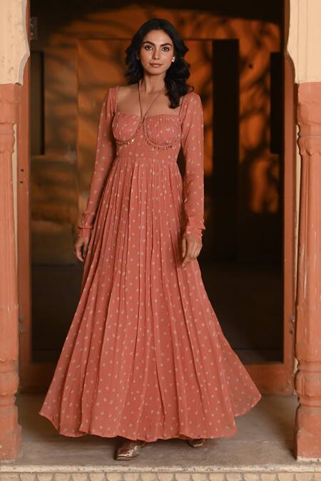 Baise Gaba Orange Chiffon Halter Neck Bandhej Print Maxi Dress Online at Aza Fashions Baise Gaba_Orange Chiffon Halter Neck Bandhej Print Maxi Dress _Online_at_Aza_Fashions