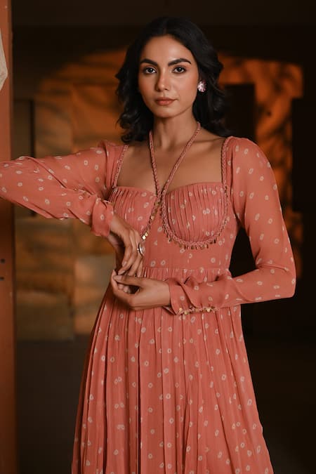 Buy Baise Gaba Orange Chiffon Halter Neck Bandhej Print Maxi Dress Online at Aza Fashions Buy_Baise Gaba_Orange Chiffon Halter Neck Bandhej Print Maxi Dress _Online_at_Aza_Fashions