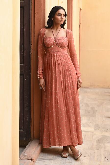 Shop Baise Gaba Orange Chiffon Halter Neck Bandhej Print Maxi Dress Online at Aza Fashions Shop_Baise Gaba_Orange Chiffon Halter Neck Bandhej Print Maxi Dress _Online_at_Aza_Fashions