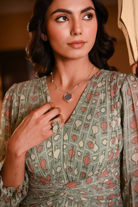 Shop Baise Gaba Green Chiffon V-neck Vase Print Pleated Maxi Dress Online at Aza Fashions Shop_Baise Gaba_Green Chiffon V-neck Vase Print Pleated Maxi Dress _Online_at_Aza_Fashions