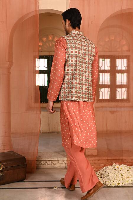 Shop_Baise Gaba_Orange Muslin Reversible Jacket Kurta Set _at_Aza_Fashions