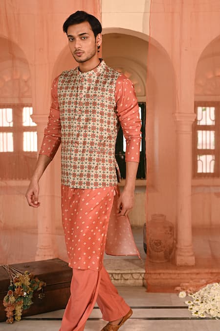 Buy_Baise Gaba_Orange Muslin Reversible Jacket Kurta Set _Online_at_Aza_Fashions