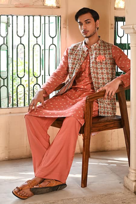 Shop_Baise Gaba_Orange Muslin Reversible Jacket Kurta Set _Online_at_Aza_Fashions