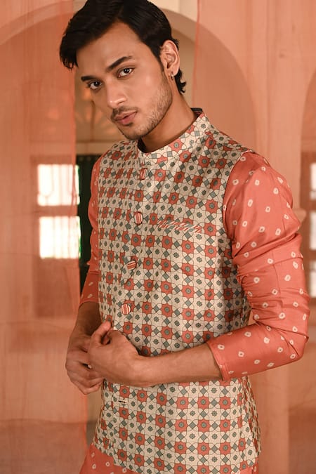 Baise Gaba_Orange Muslin Reversible Jacket Kurta Set _at_Aza_Fashions