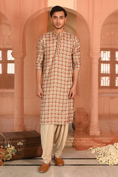 Shop_Baise Gaba_Cream Muslin Geometric Motif Printed Kurta Set _Online_at_Aza_Fashions