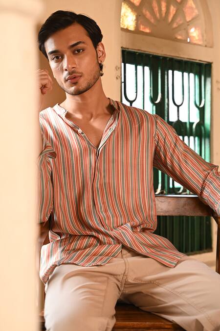 Baise Gaba_Multi Color Chanderi Striped Mandarin Collar Shirt _Online_at_Aza_Fashions
